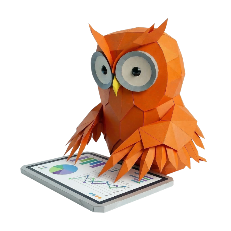 Oranje Uil mascotte met tablet met grafieken